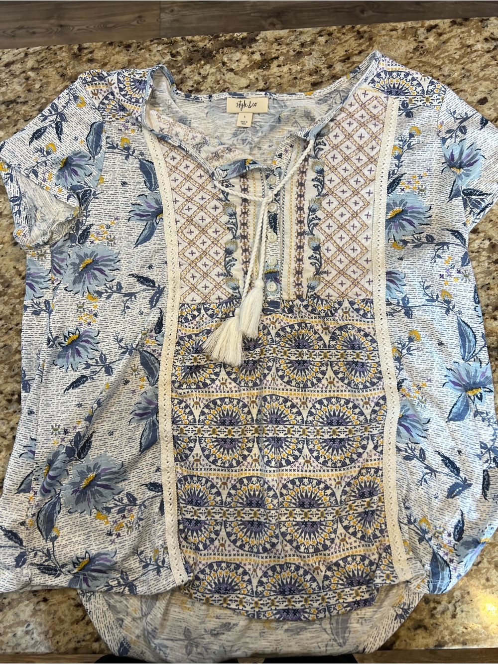 Style & Co. Blue and Cream Mixed-Print Peasant Blouse